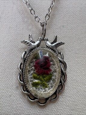 Embroidered Floral Bird Pendant Necklace | Cottagecore Folk Art Style